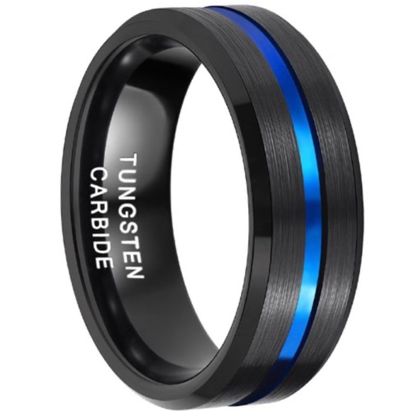 Tungsten Carbide Black Blue Center Groove Beveled Edge Ring - Picture 2 of 10